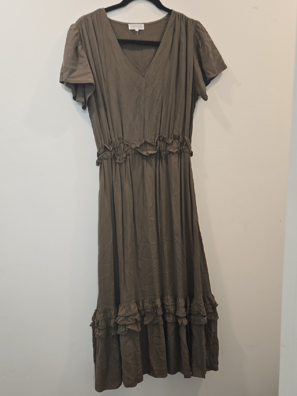 Olive V-Neck Ruffle Midi Dress